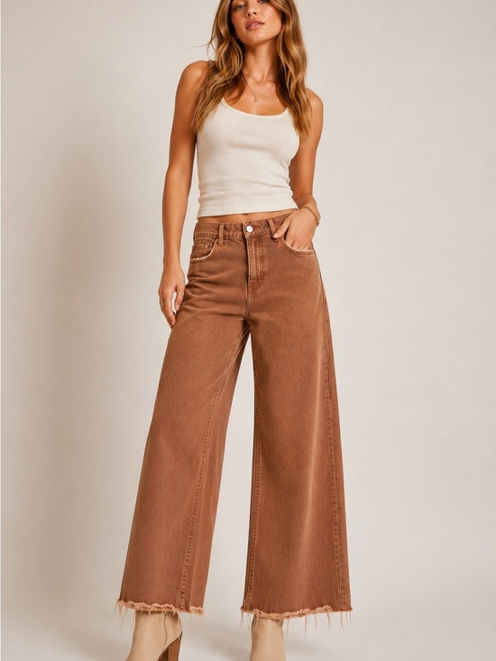 Forever 21 Denim - Rust Mid Rise Wide Leg Cropped Jeans Raw Hem Saddle Western Boho Size 28